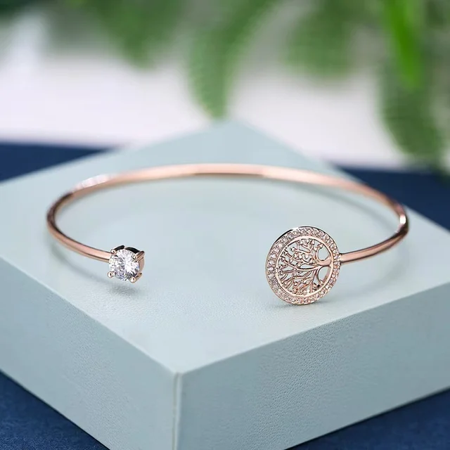 Women Luxury Tree of Life Simple Open Bracelet White Zircon Charm Gold Color Bangles Jewelry