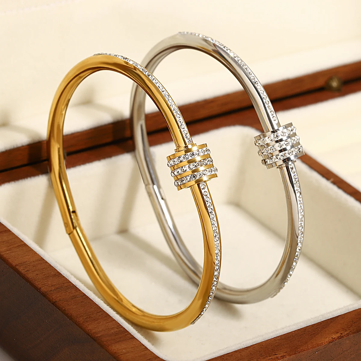 Women Rhinestone Geometric Stainless Steel Bangle Bracelets Gold Plated Charm Jewelry