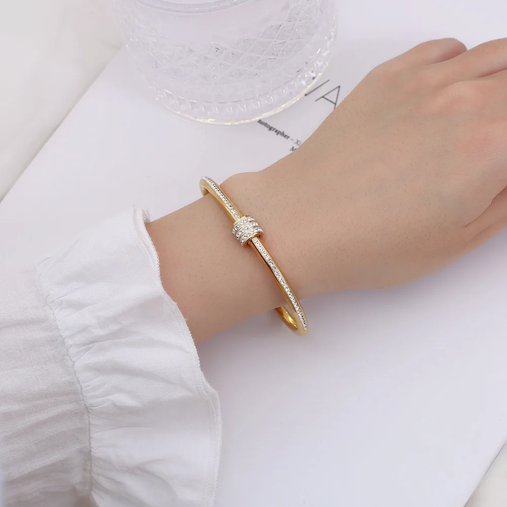 Women Rhinestone Geometric Stainless Steel Bangle Bracelets Gold Plated Charm Jewelry