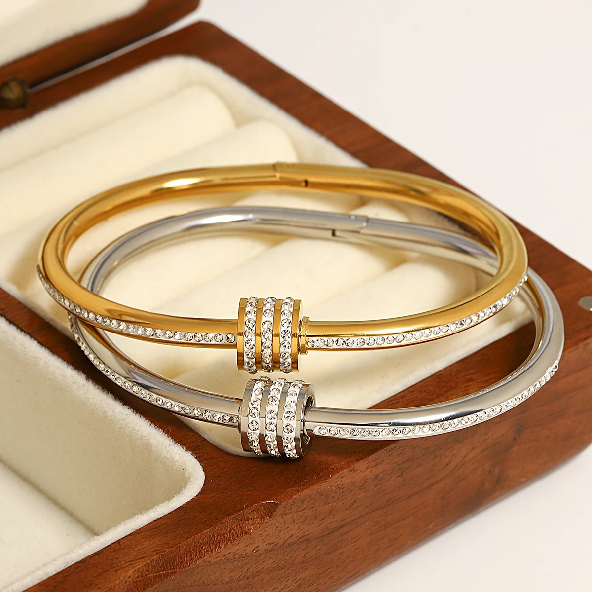 Women Rhinestone Geometric Stainless Steel Bangle Bracelets Gold Plated Charm Jewelry