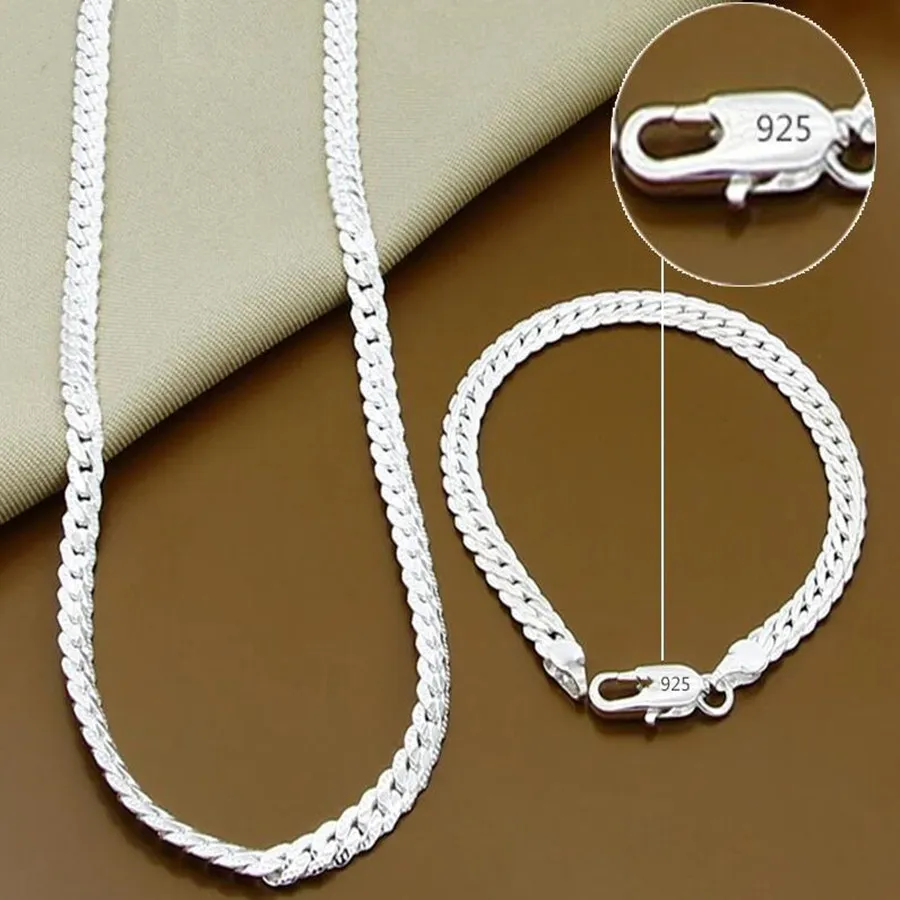 Women Men Fine 45-60cm 925 Sterling Silver 6MM Full Necklace Bracelet Fashion Jewelry Link Chain Set