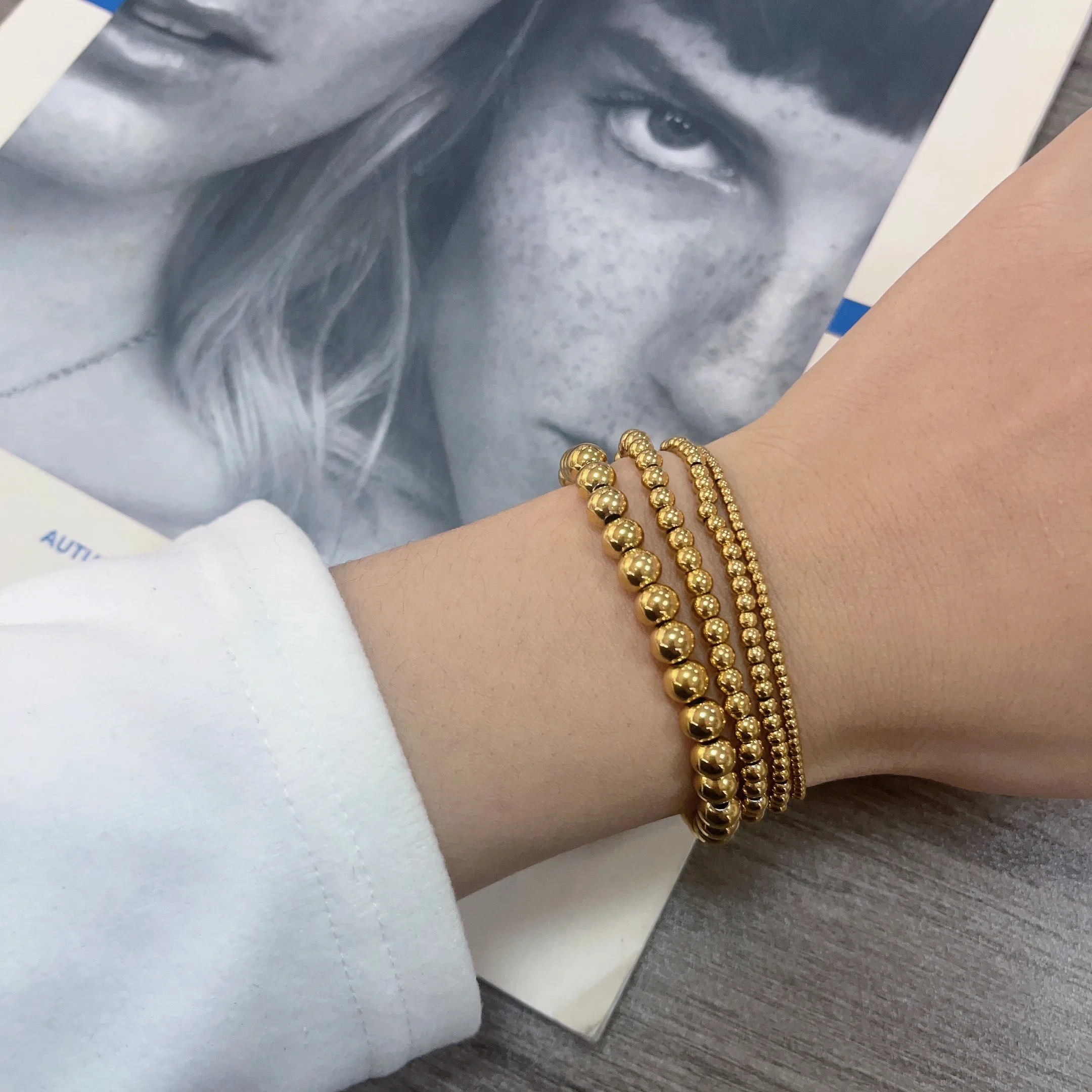 Women Men Trend Stretch Stainless Steel Bracelets Gold Sliver Color 2MM 5MM 8MM Stacked Ball Beaded Bracelet