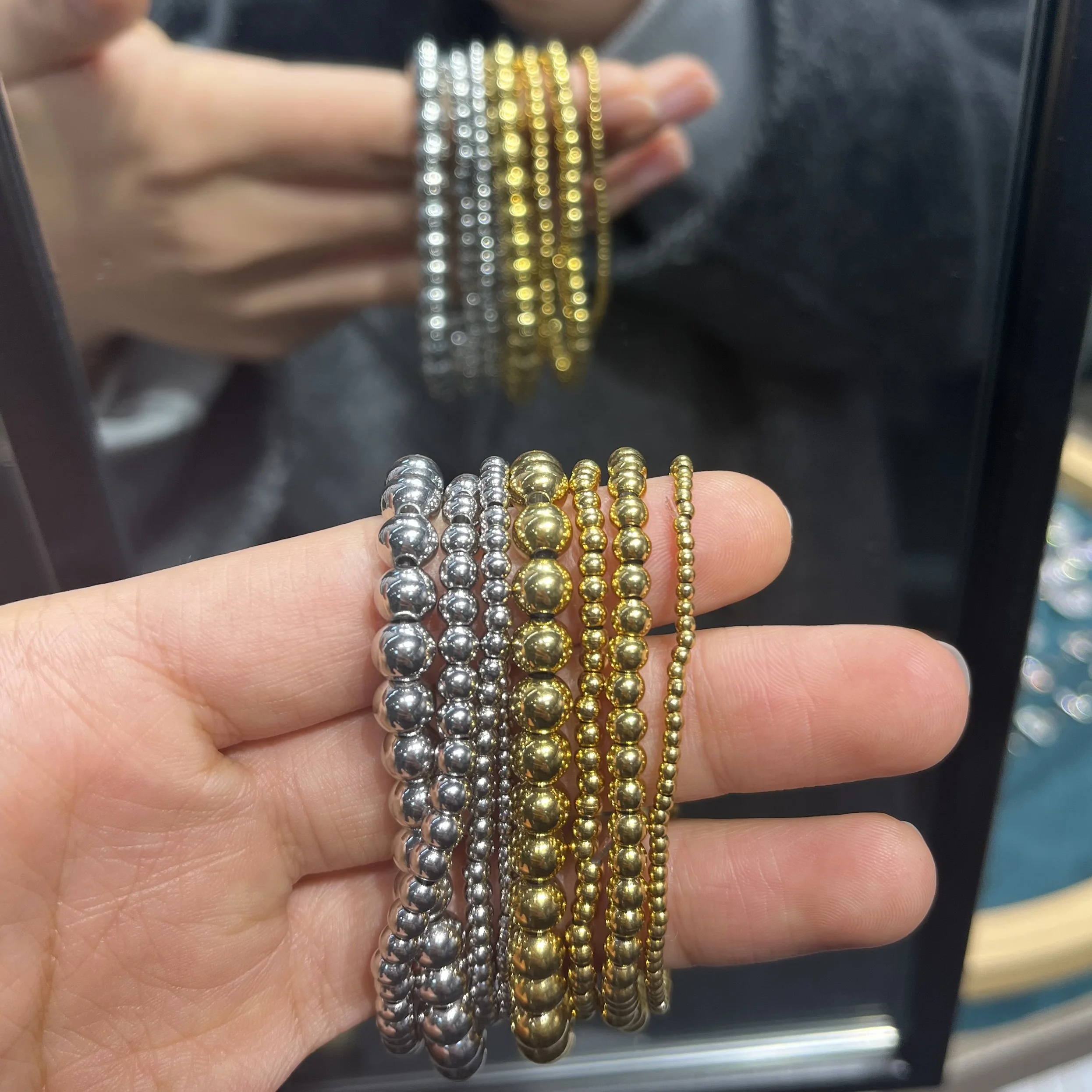 Women Men Trend Stretch Stainless Steel Bracelets Gold Sliver Color 2MM 5MM 8MM Stacked Ball Beaded Bracelet