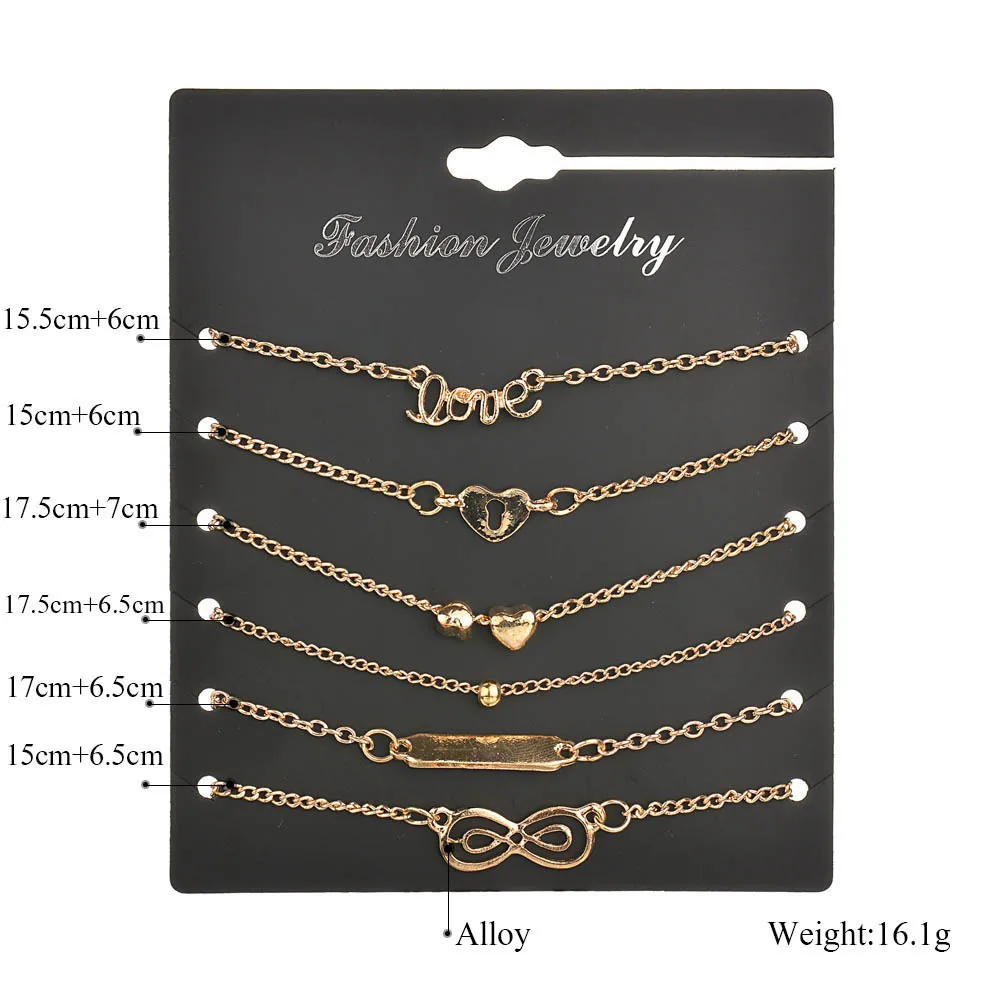 Women 6pcs Trend Infinity 8 Bowknot Heart Key Charm Chain Bracelets & Bangles Minimalist Tiny Set Jewelry