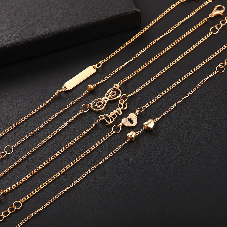 Women 6pcs Trend Infinity 8 Bowknot Heart Key Charm Chain Bracelets & Bangles Minimalist Tiny Set Jewelry