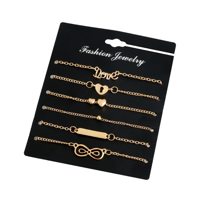 Women 6pcs Trend Infinity 8 Bowknot Heart Key Charm Chain Bracelets & Bangles Minimalist Tiny Set Jewelry