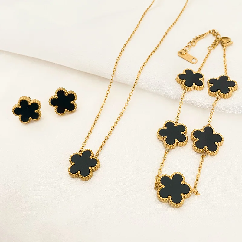 Women 3Pcs Luxury Five Leaf Flower Pendant Necklace Earrings Bracelet Trendy Stainless Steel Jewelry Sets