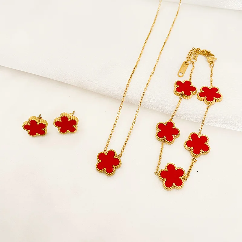 Women 3Pcs Luxury Five Leaf Flower Pendant Necklace Earrings Bracelet Trendy Stainless Steel Jewelry Sets
