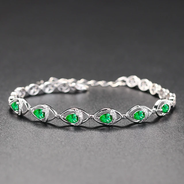 Women Bracelet 925 Silver Jewelry Water Drop Shaped Emerald Gemstone Fashion Accessories