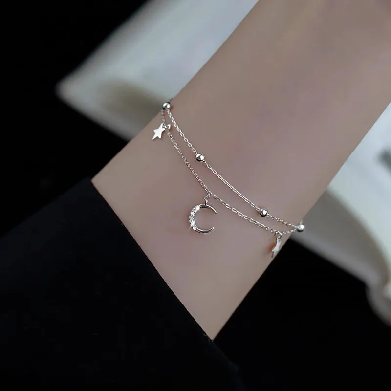 Women 925 Sterling Silver Double Layer Star Moon Ball Bracelet Sparkling Zircon Bracelet Cute Fashion Jewelry