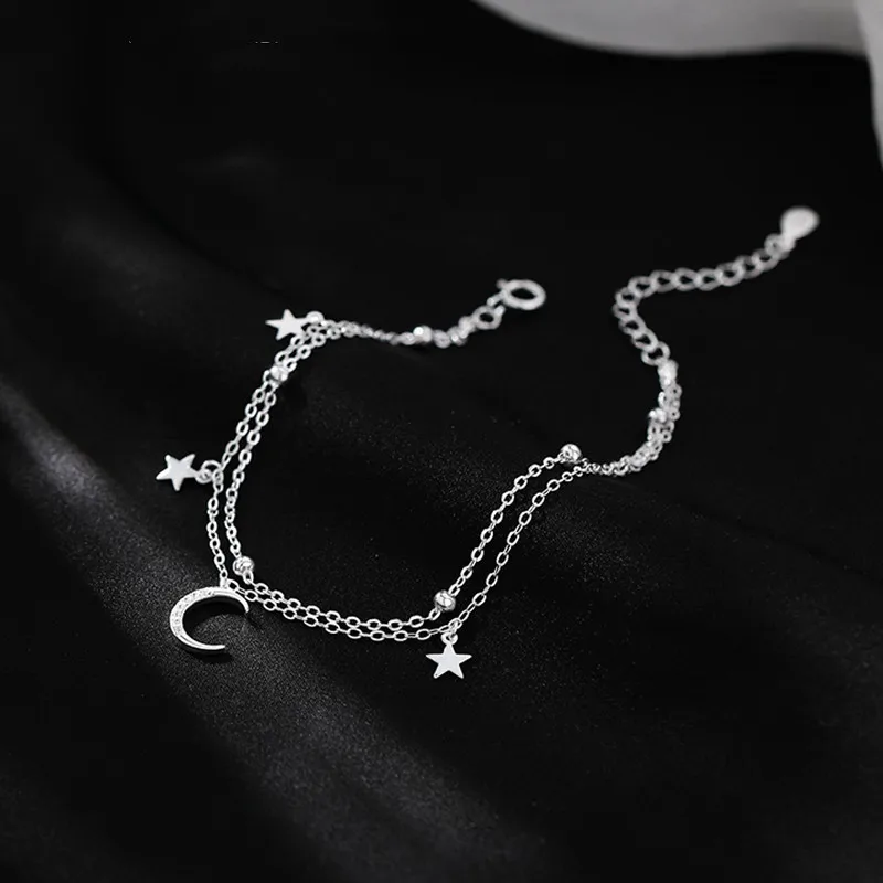 Women 925 Sterling Silver Double Layer Star Moon Ball Bracelet Sparkling Zircon Bracelet Cute Fashion Jewelry