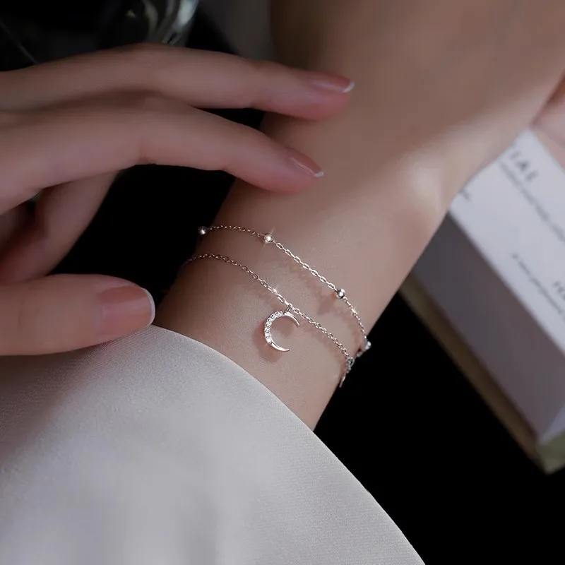 Women 925 Sterling Silver Double Layer Star Moon Ball Bracelet Sparkling Zircon Bracelet Cute Fashion Jewelry