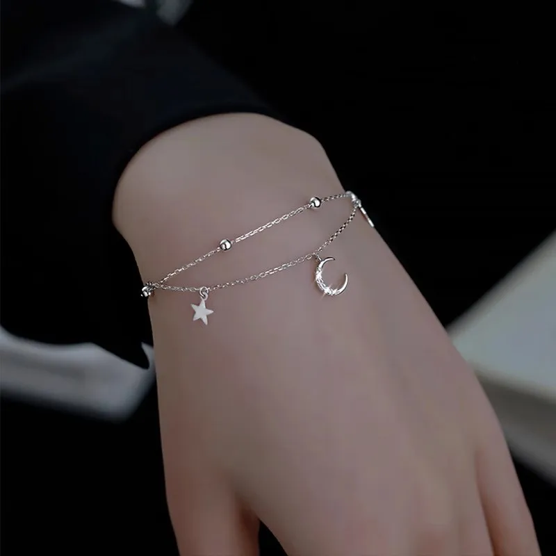 Women 925 Sterling Silver Double Layer Star Moon Ball Bracelet Sparkling Zircon Bracelet Cute Fashion Jewelry