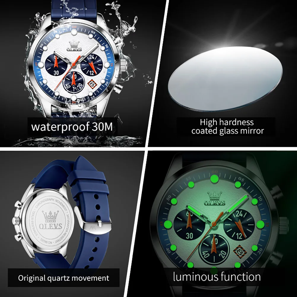 Men Quartz Silicone Strap Chronograph Waterproof Wrist Watch Fashion Elegant Watch