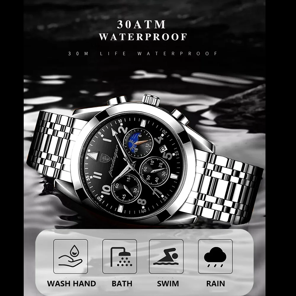 POEDAGAR Men Watch Top Luxury Sport Chronograph Quartz Watches Stainless Steel Waterproof Luminous Date Week Business Wristwatch