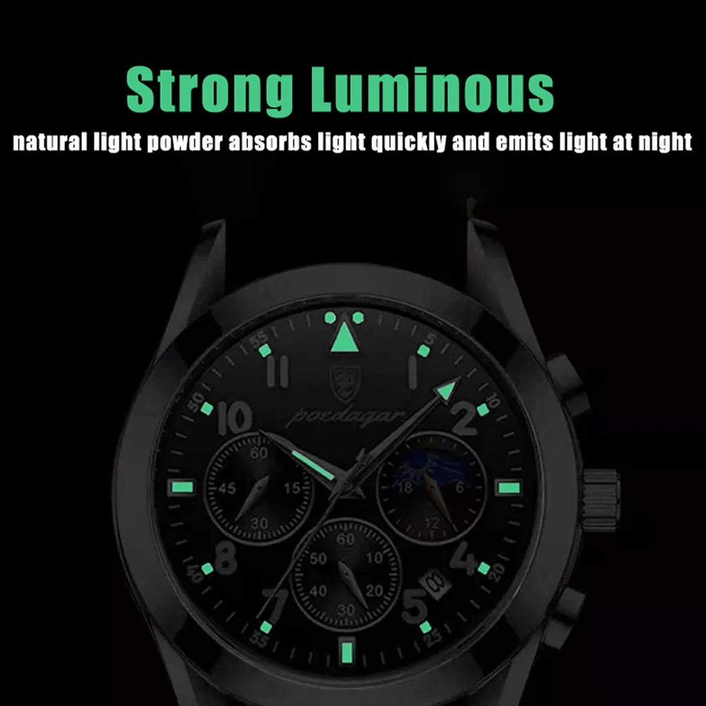 POEDAGAR Men Watch Top Luxury Sport Chronograph Quartz Watches Stainless Steel Waterproof Luminous Date Week Business Wristwatch