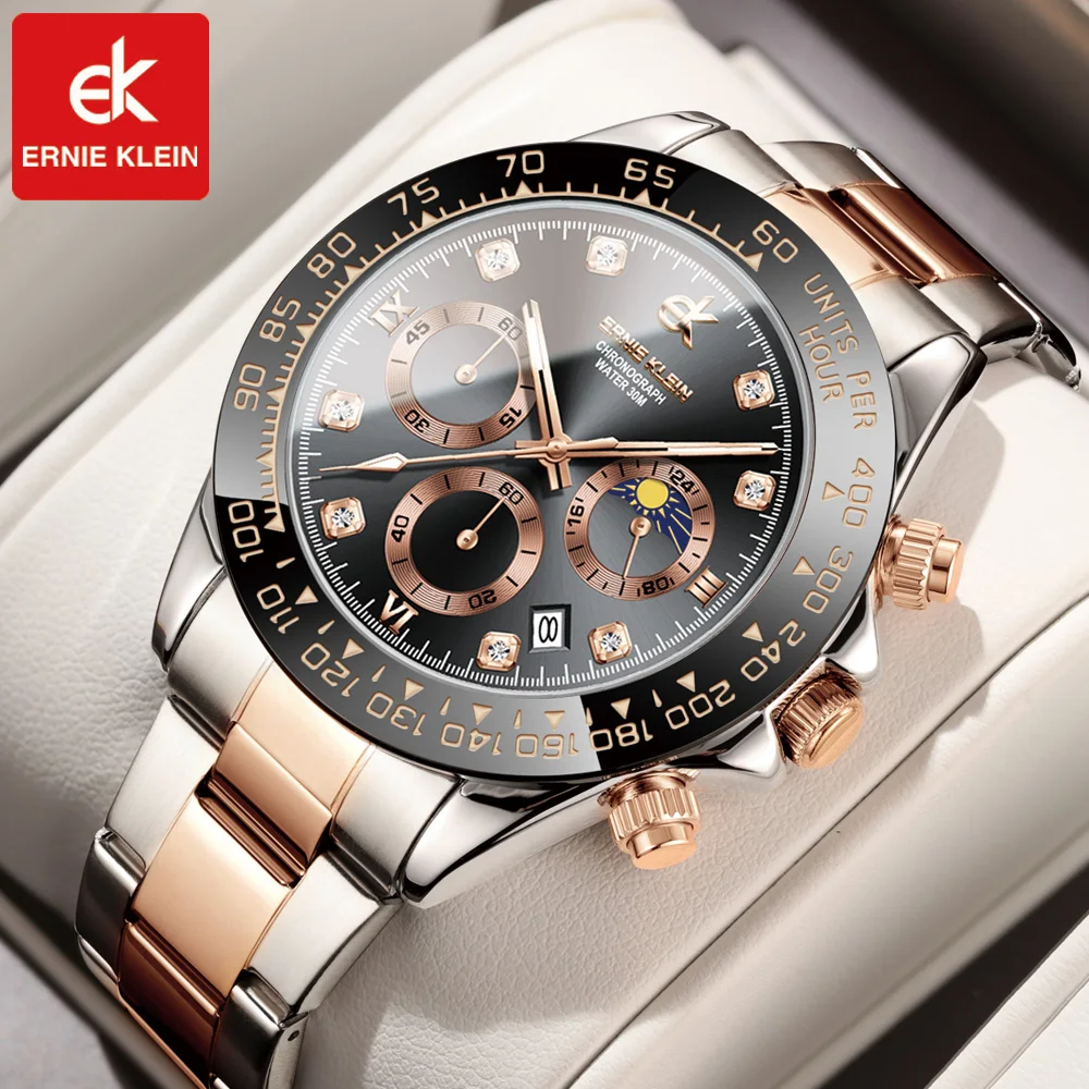 ERNIE KLEIN Watch for Men Gold Stainless Steel Luminous Waterproof Luxury Multifunction Analog Chronograph Moon Quartz Watch