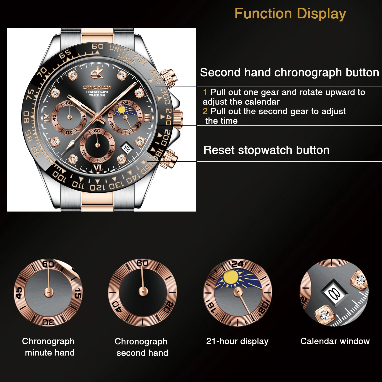 ERNIE KLEIN Watch for Men Gold Stainless Steel Luminous Waterproof Luxury Multifunction Analog Chronograph Moon Quartz Watch
