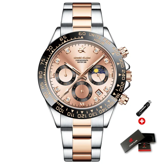 ERNIE KLEIN Watch for Men Gold Stainless Steel Luminous Waterproof Luxury Multifunction Analog Chronograph Moon Quartz Watch