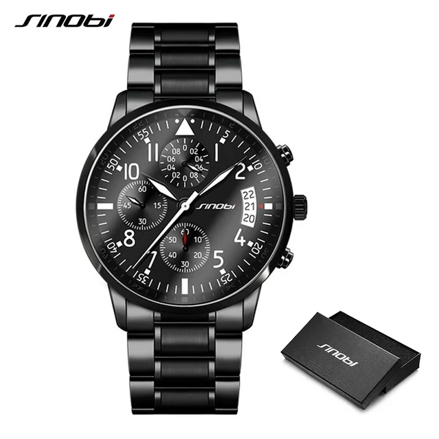 SINOBI Luxury Men Waterproof Stainless Steel Pilot Wrist Watches Chronograph Date Sport Diver Luminous Quartz Watch Montre Homme