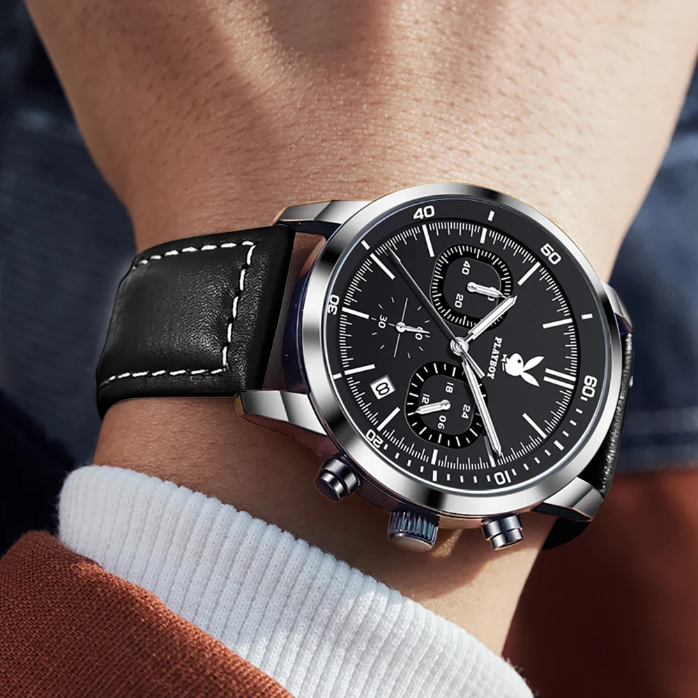 PLAYBOY Top Brand Business High-end Men's Watch Original Leather Strap Casual Men's Wrist Watches Luminous Elegant Watch for Men