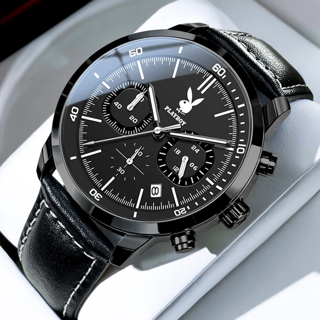 PLAYBOY Top Brand Business High-end Men's Watch Original Leather Strap Casual Men's Wrist Watches Luminous Elegant Watch for Men