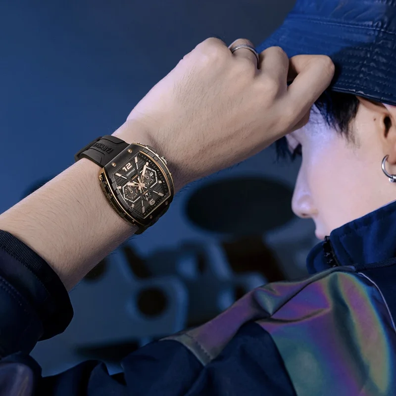 Mark Fairwhale Luxury Watches Mens Automatic Date Sports Silicone Quartz Clock Fashion Waterproof Tonneau Mille Wrist Watch 2023