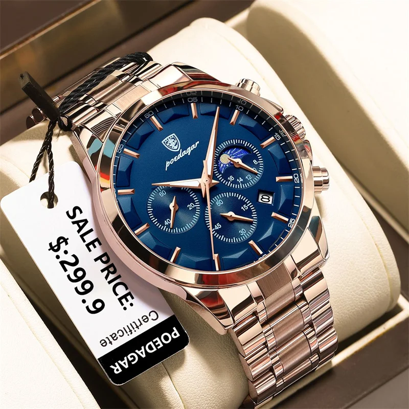 POEDAGAR Luxury Chronograph Quartz Watch for Men Fashion Rose Gold Stainless Steel Strap Waterproof Mens Watch Relogio Masculino