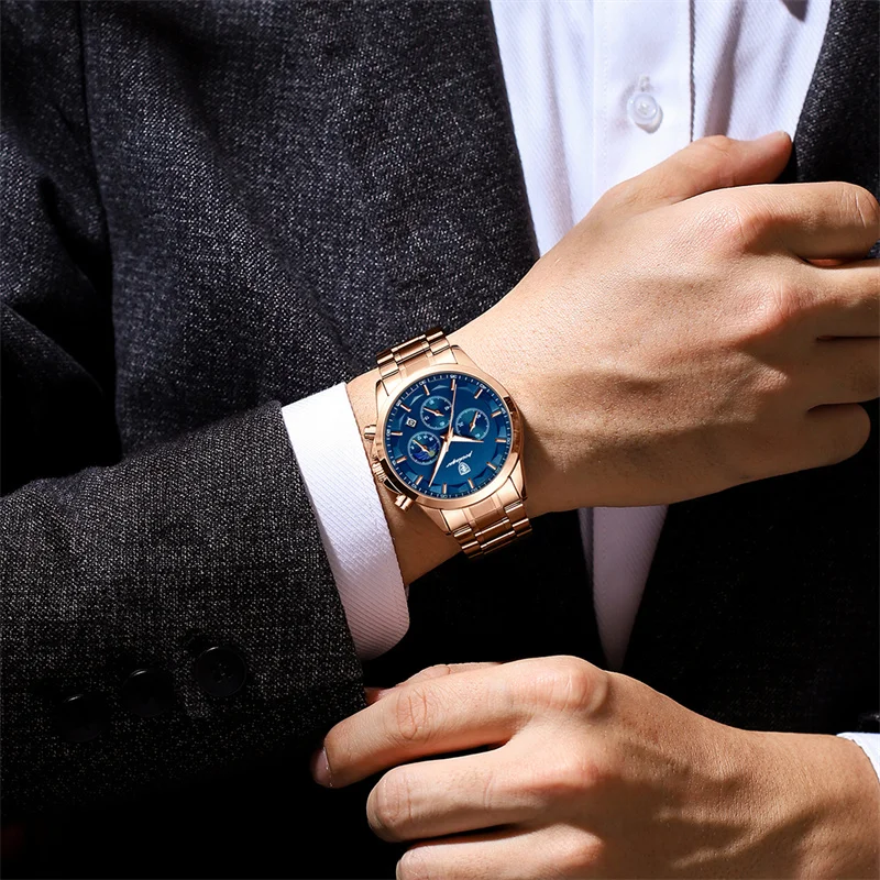 POEDAGAR Luxury Chronograph Quartz Watch for Men Fashion Rose Gold Stainless Steel Strap Waterproof Mens Watch Relogio Masculino
