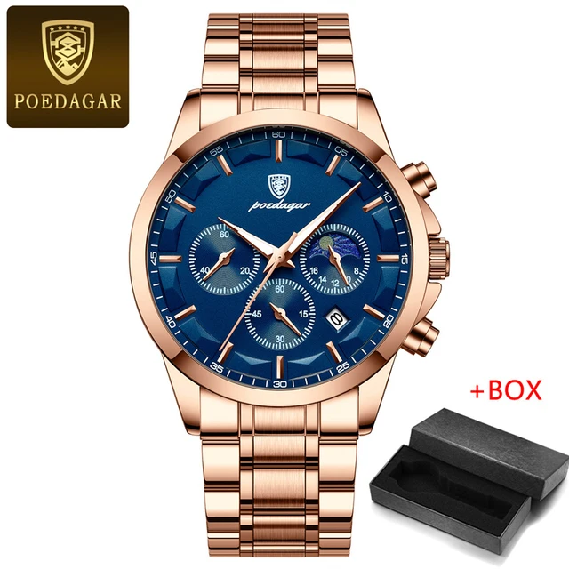 POEDAGAR Luxury Chronograph Quartz Watch for Men Fashion Rose Gold Stainless Steel Strap Waterproof Mens Watch Relogio Masculino