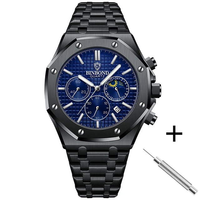BINBOND B0161 Top box Brand Man Casual Quartz Watch Luxury Luminous Wristwatch Stainless Steel Waterproof Men Clock