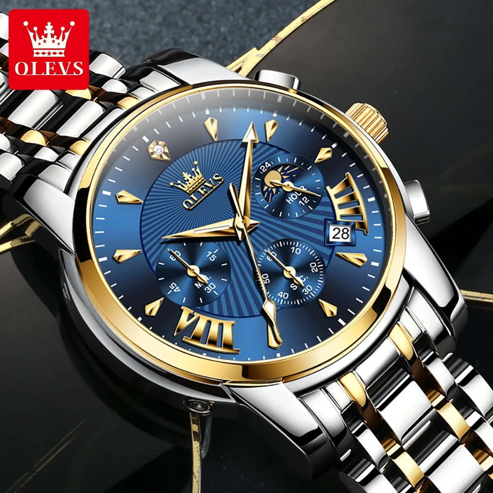OLEVS 2892 Luxury Brand Quartz Watch for Men Stainless Steel Waterproof Moon Phase Men's Wristwatches Chronograph Man Moonswatch