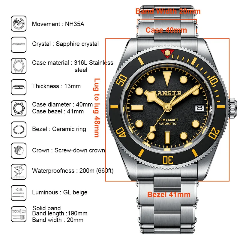 LANSTB-Luxury automatic movement watches for men, Waterproof mechanical male wristwatch,Custom men's dive watch, Stainless steel