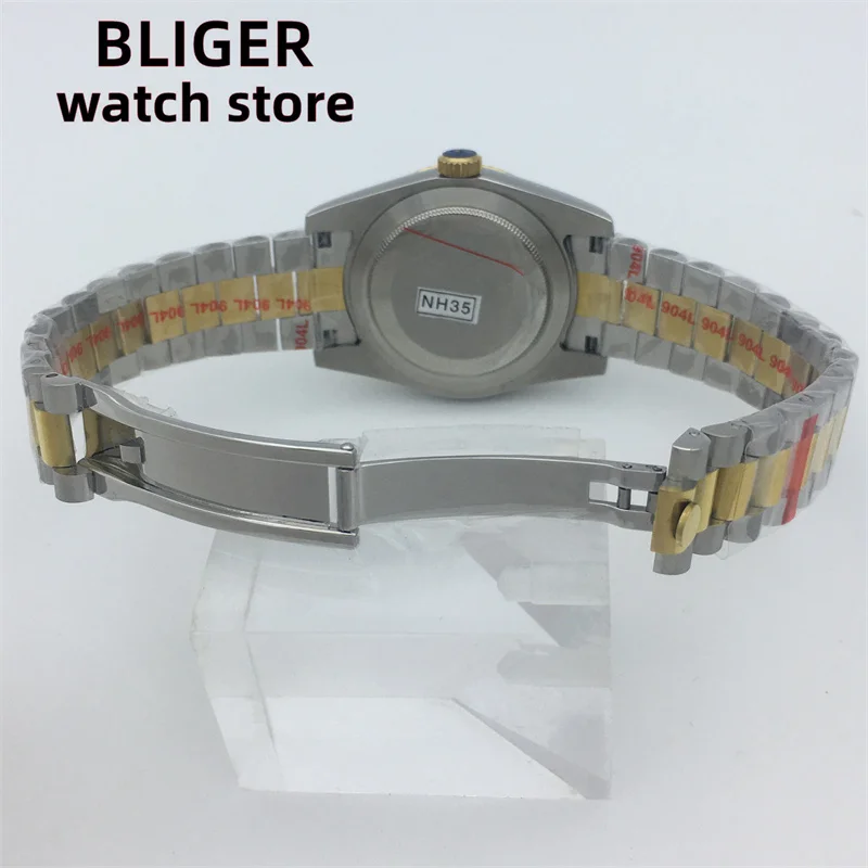 BLIGER Men's Watch NH35A Automatic Movement Gold Slotted Bezel White Green Black Blue dial Sapphire Glass President Bracelet
