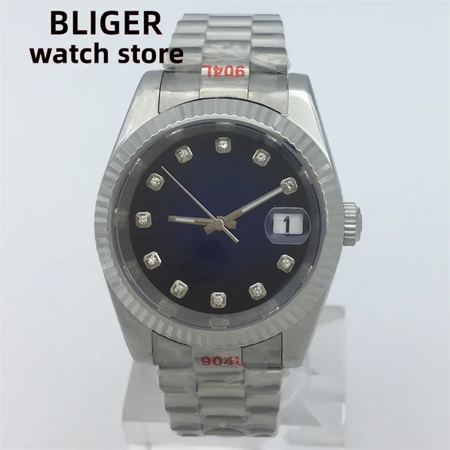 BLIGER Men's Watch NH35A Automatic Movement Gold Slotted Bezel White Green Black Blue dial Sapphire Glass President Bracelet
