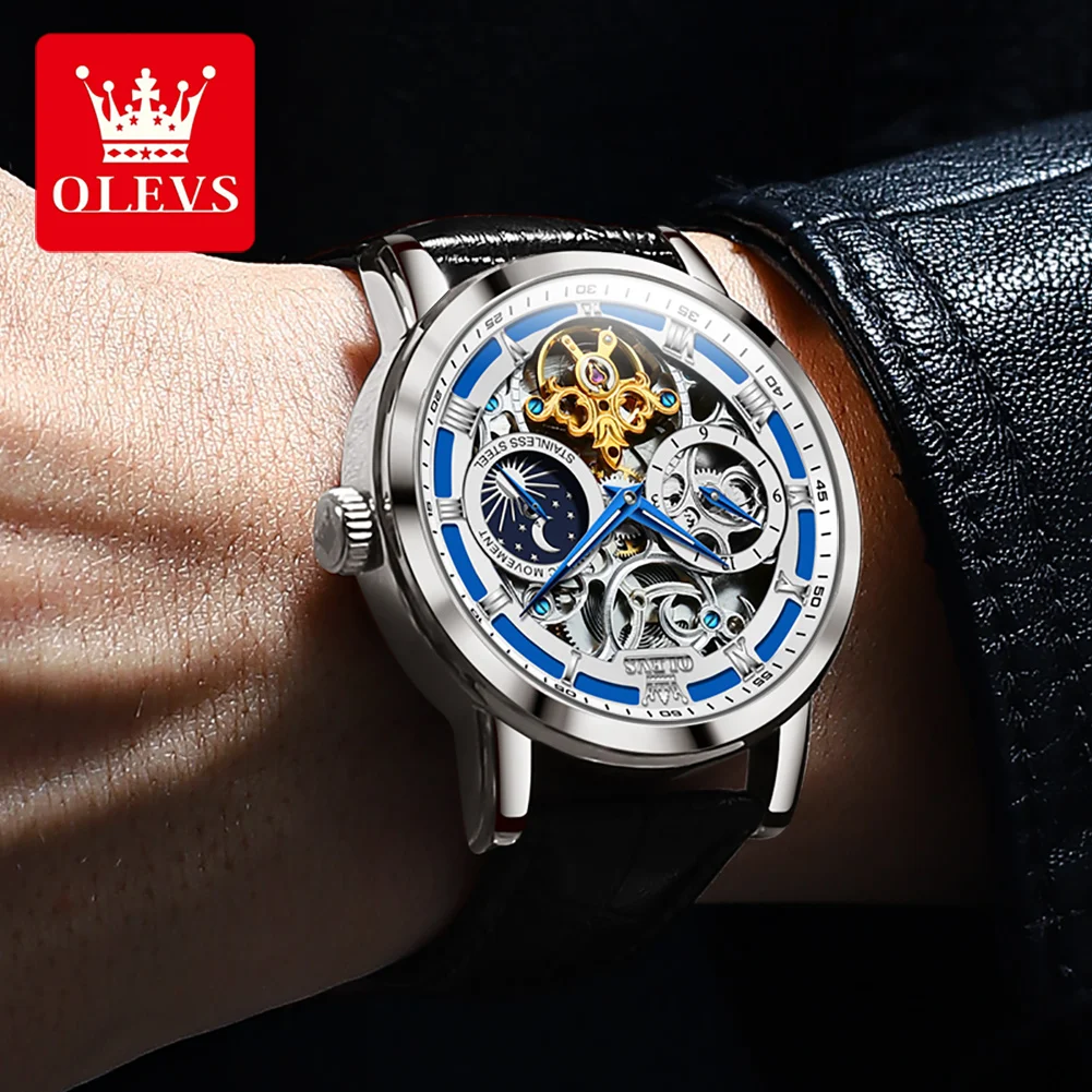 OLEVS Original Brand Men's Watches Moon Phase Hollow Out Automatic Movement Male Watch fashion Waterproof Luminous Wristwatch