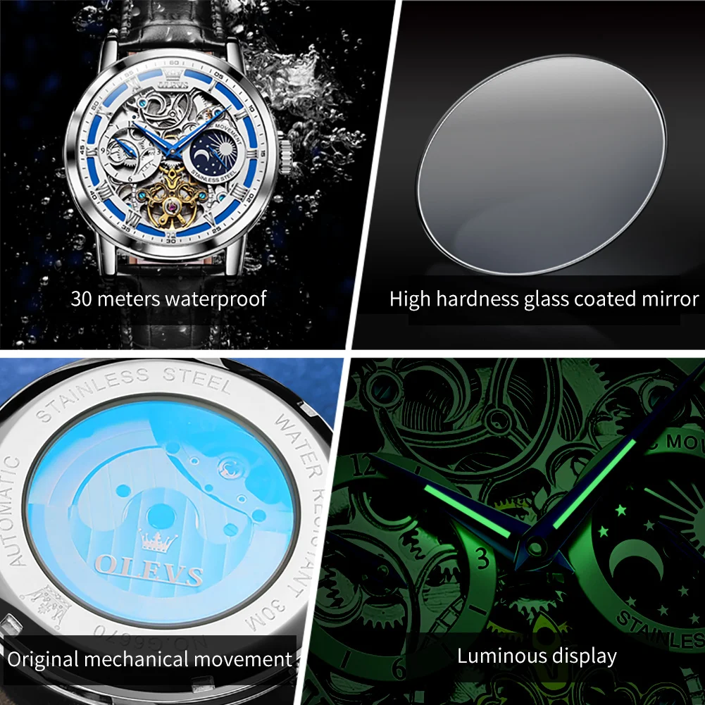 OLEVS Original Brand Men's Watches Moon Phase Hollow Out Automatic Movement Male Watch fashion Waterproof Luminous Wristwatch