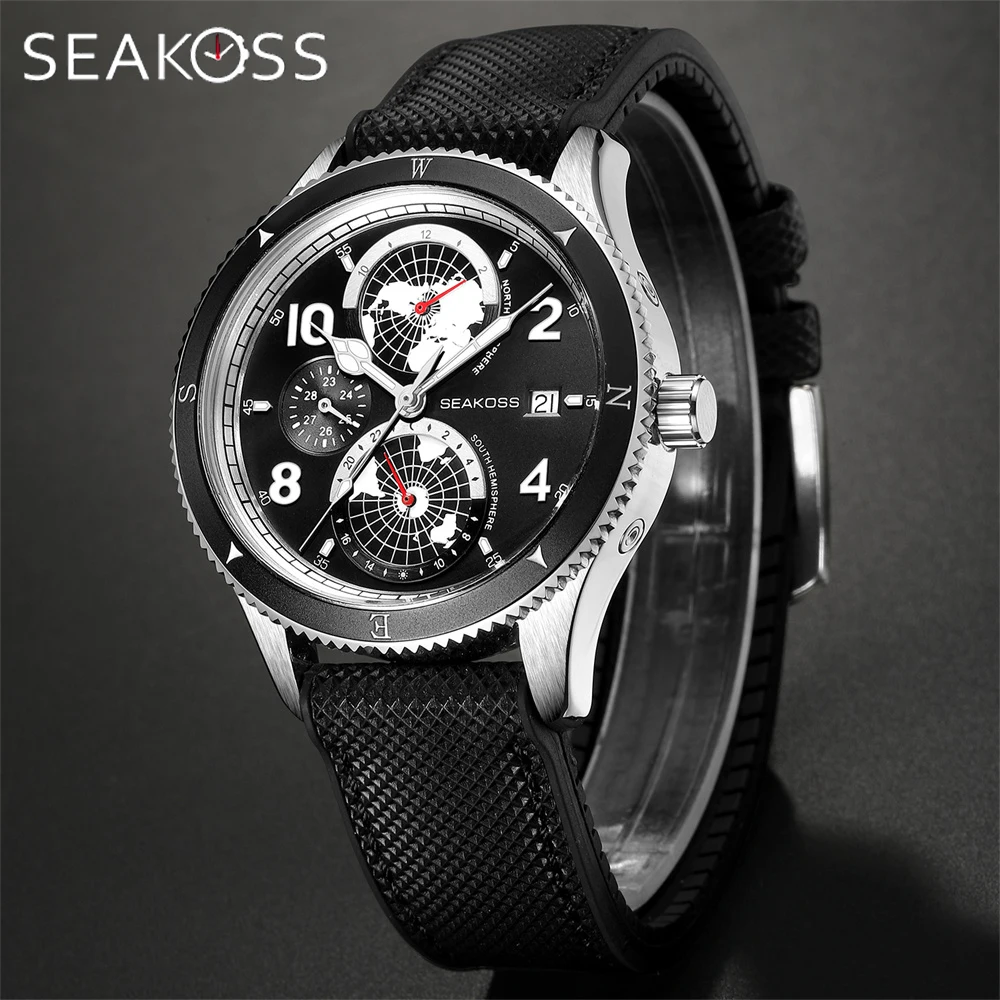 SEAKOSS Super Luminous Men's Earth Fully Automatic Movement Mechanical Watches 1963 Year Month 24Hours Display Dive Wristwatch