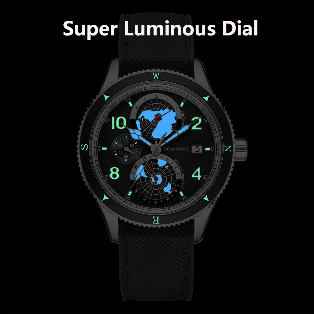 SEAKOSS Super Luminous Men's Earth Fully Automatic Movement Mechanical Watches 1963 Year Month 24Hours Display Dive Wristwatch