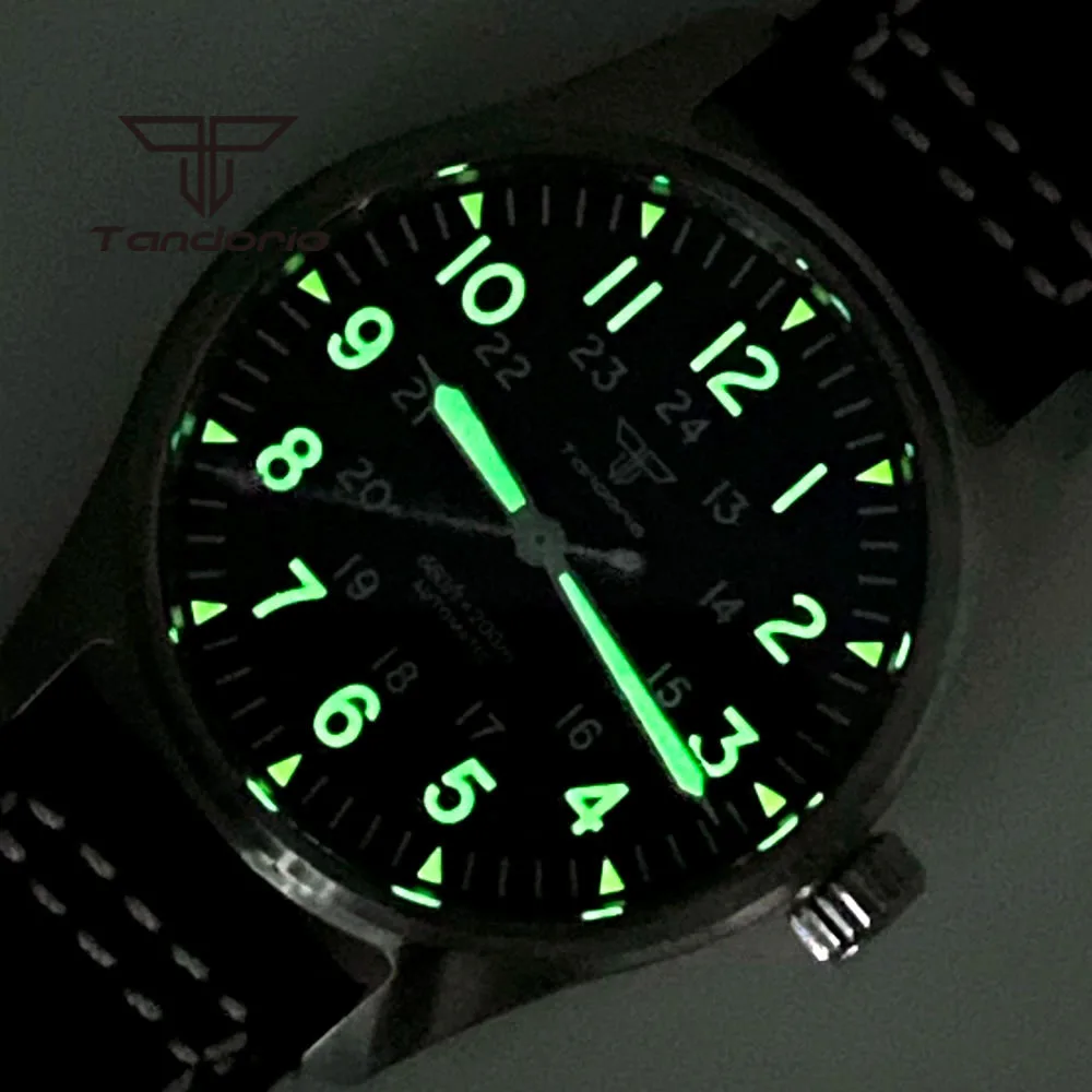 Tandorio 39mm NH35A 20bar Automatic Dive Pilot Men's Watches Sapphire Glass Green Luminous Dial Leather Strap Screw Crown