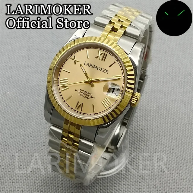 LARIMOKER36mm 39mm Gold Coin Bezel Black White red Dial Luminous Japan NH35A Automatic Movement Mens Watch Middel Gold Bracelet
