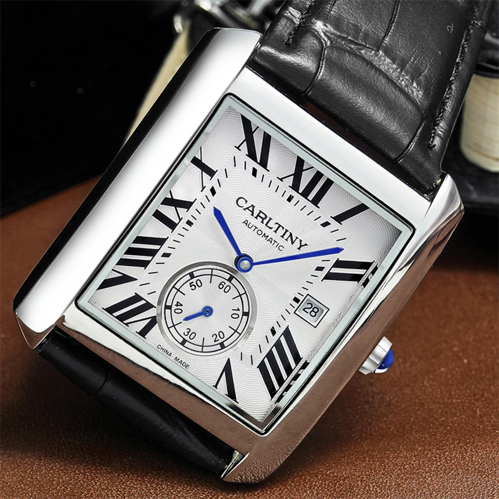 Luxury Automatic Watch Men Mechanical Wristwatches Top Brand Dress Watches Square Stainless Steel Waterproof Clock CARLTINY
