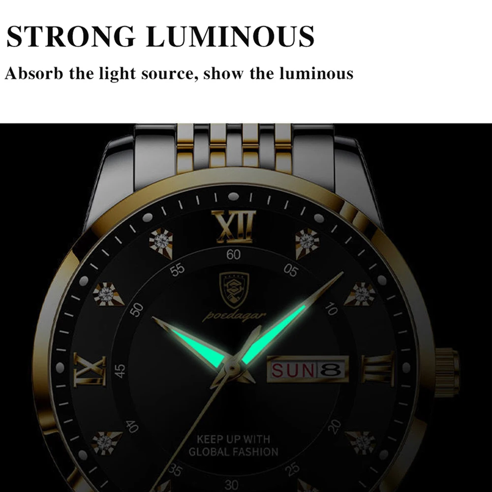 POEDAGAR Fashion Quartz Wristwatches Casual Business New Diamond Clock Men Watch Gold Luxury Automatic Watches Mens Reloj Hombre