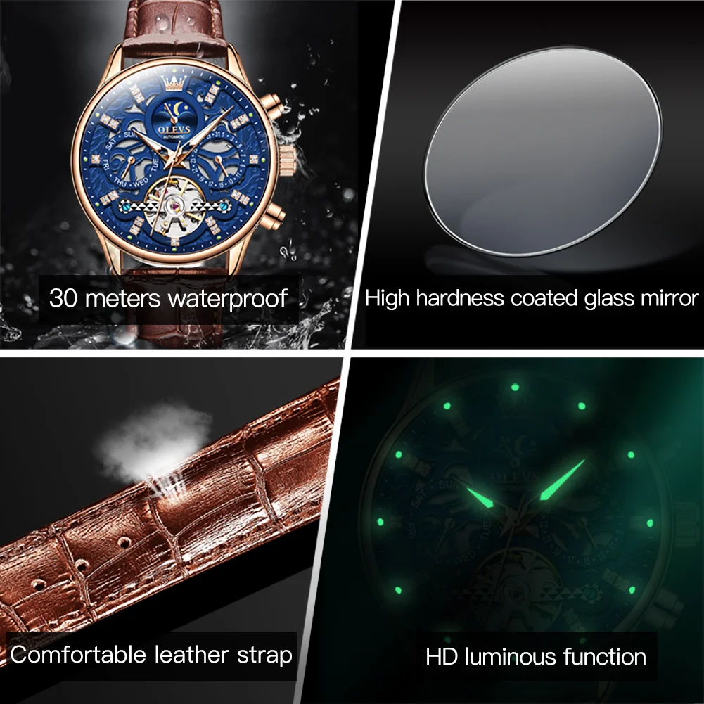 OLEVS Watches for Men Automatic Mechanical Watch Waterproof Hollow out Noctiucent Skeleton Automatic Wind up Male Wristwatch