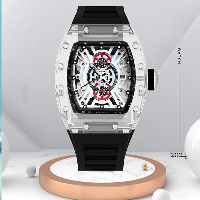 UTHAI Men's Watch Brand Advanced Fully Automatic Quartz Wristwatch Hollow Gear Waterproof Tonneau silicone Fashion Clock Watches