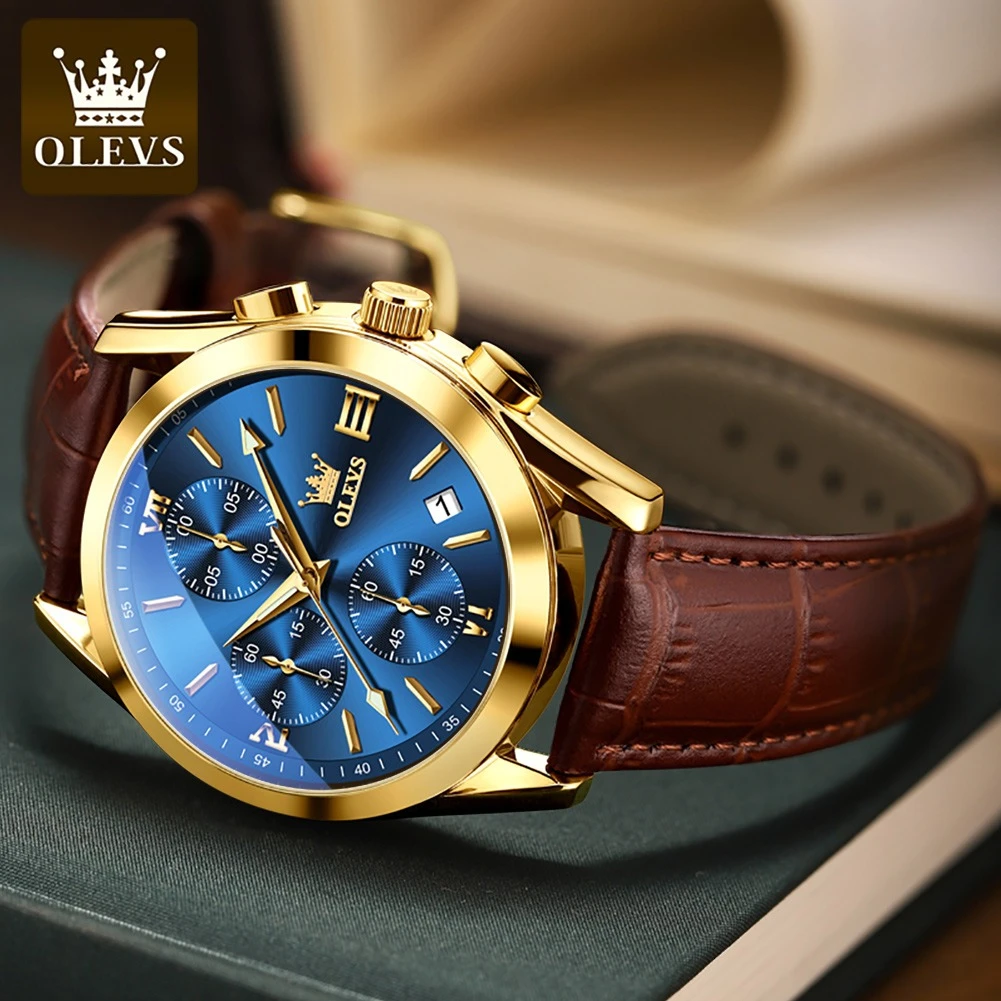 OLEVS 2872 Quartz Sport Watch Gift Round-dial Leather Watchband Chronograph Calendar Luminous Small second