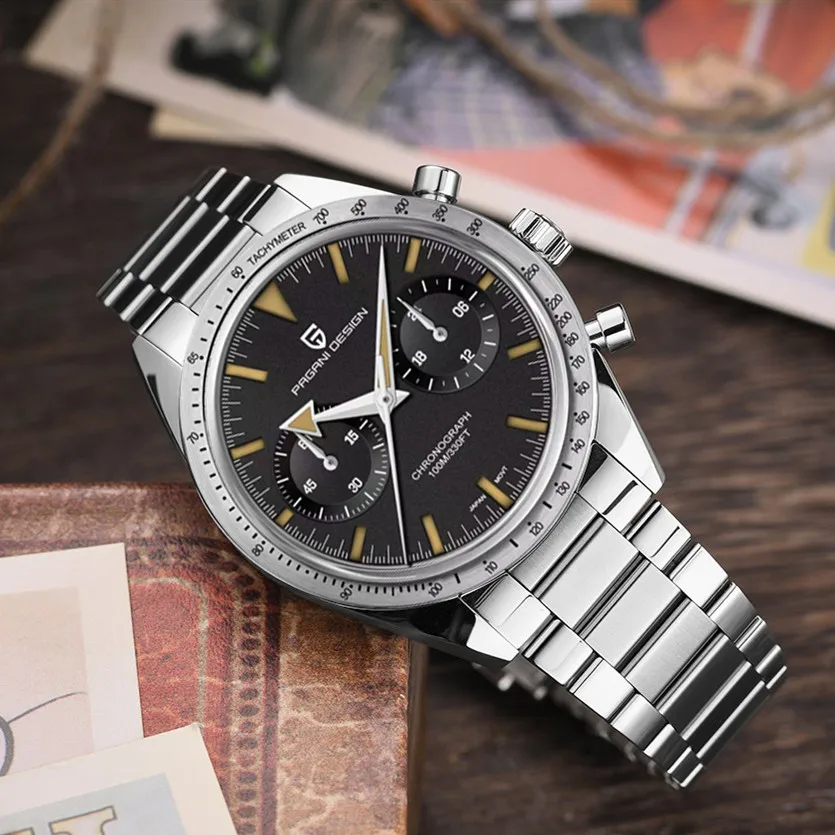 PAGANI DESIGN 1957 Retro Luminous Moon Watch men Quartz speed Sport Chronograph AR Sapphire mirror VK64 Steel Men's Watches