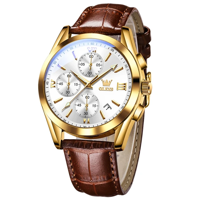 OLEVS 2872 Quartz Sport Watch Gift Round-dial Leather Watchband Chronograph Calendar Luminous Small second