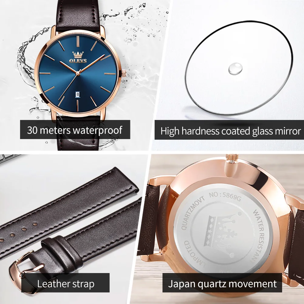 OLEVS 5869 Quartz Watch for Men Ultra Thin Minimalist Waterproof Date Bussiness Watch Fashion Leather Strap Men's Clock