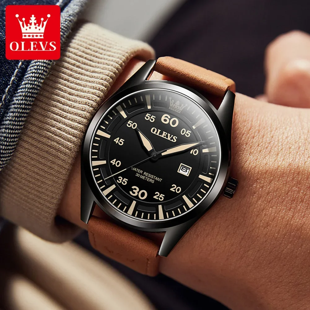 OLEVS 9962 Genuine Leather Strap Waterproof Men Wristwatches, Quartz Multi-function Children Fashion Watches For Men Calendar